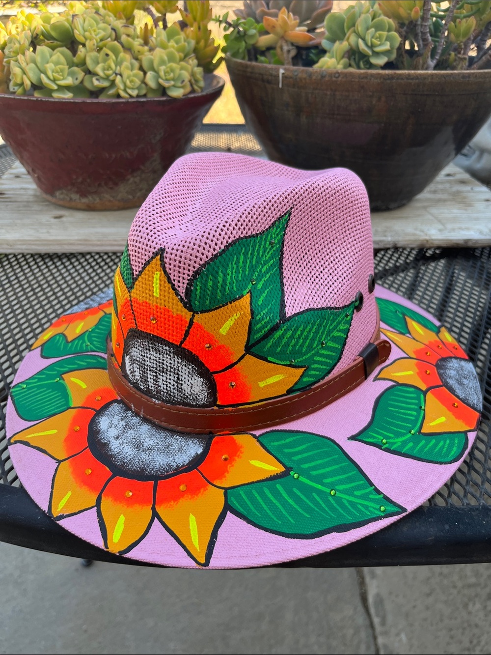 Hand-Painted Pink Sunflower Fedora with Leather Band